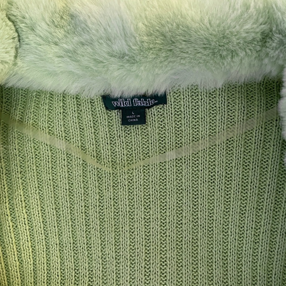 Chic Wild Fable Mint Green Faux-Fur Trim Tie-Front Cardigan (Y2K), Size L - Picture 4 of 5